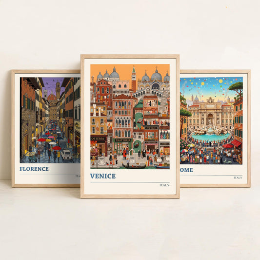 Italy Set of Three Art Prints - Florence, Rome, Venice - 3 Colourful Folk Illustration Travel Posters - Italian Cities Painting