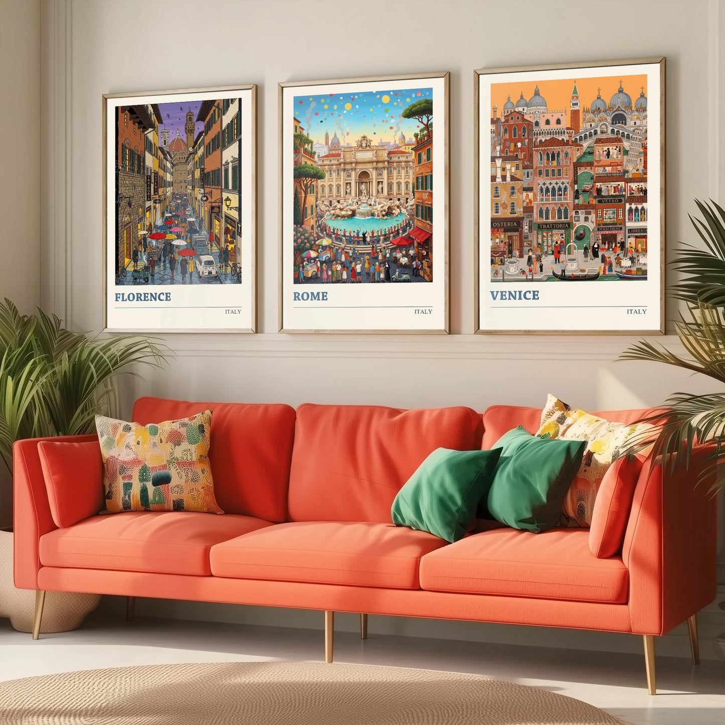 Italy Set of Three Art Prints - Florence, Rome, Venice - 3 Colourful Folk Illustration Travel Posters - Italian Cities Painting