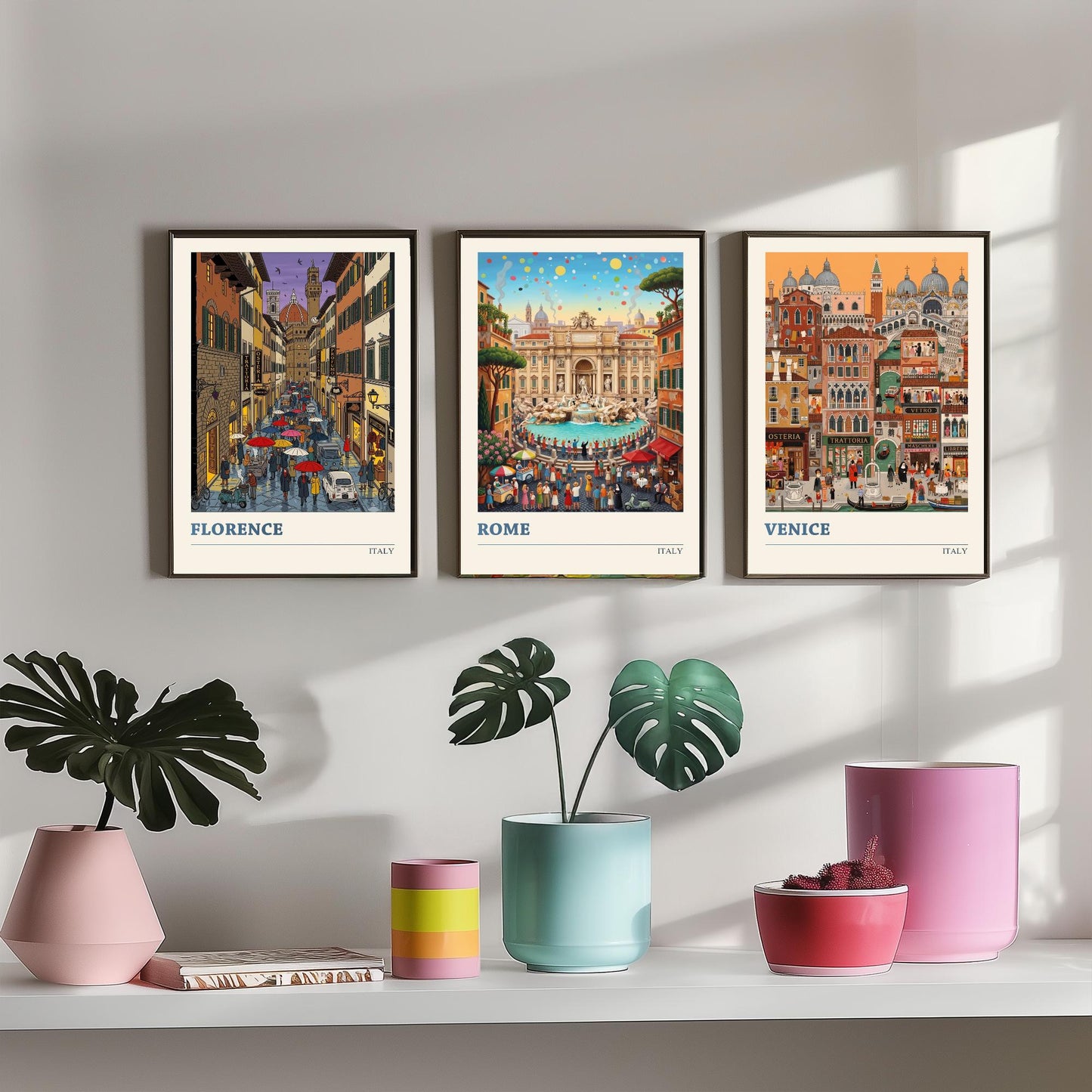 Italy Set of Three Art Prints - Florence, Rome, Venice - 3 Colourful Folk Illustration Travel Posters - Italian Cities Painting