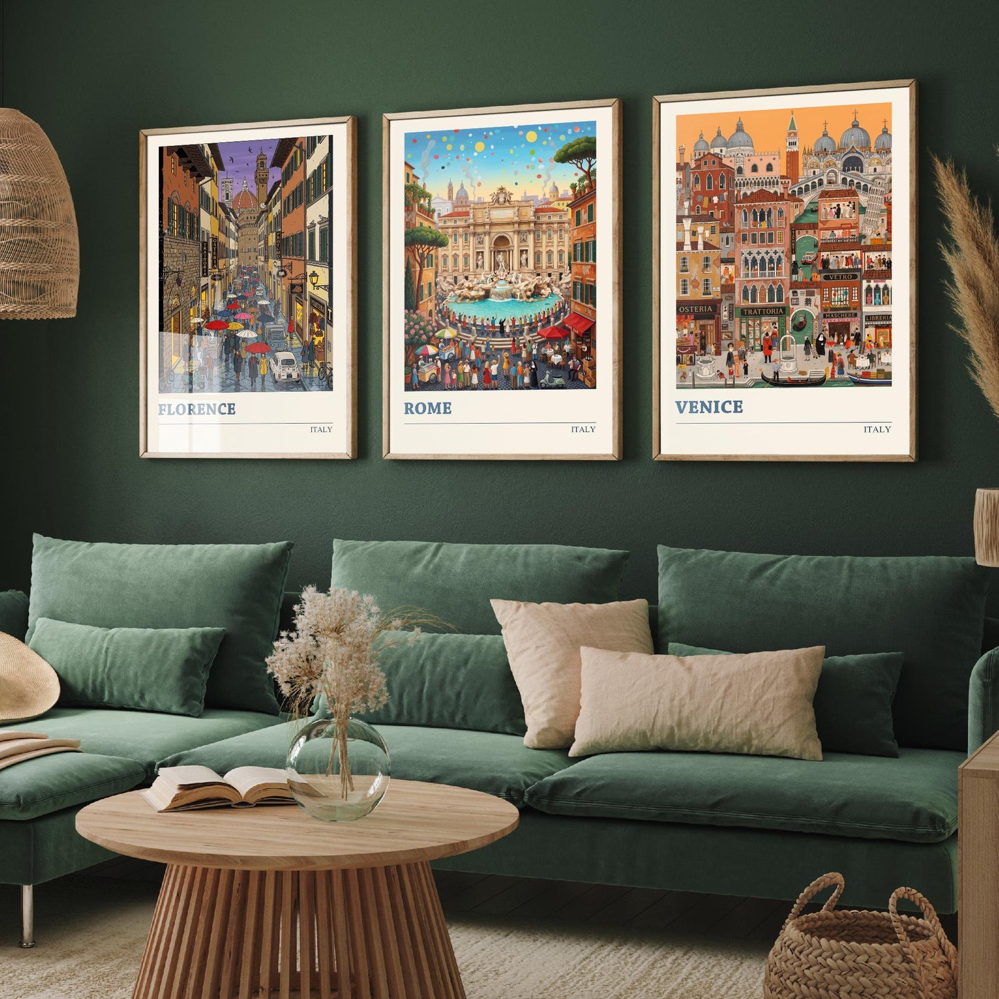 Italy Set of Three Art Prints - Florence, Rome, Venice - 3 Colourful Folk Illustration Travel Posters - Italian Cities Painting