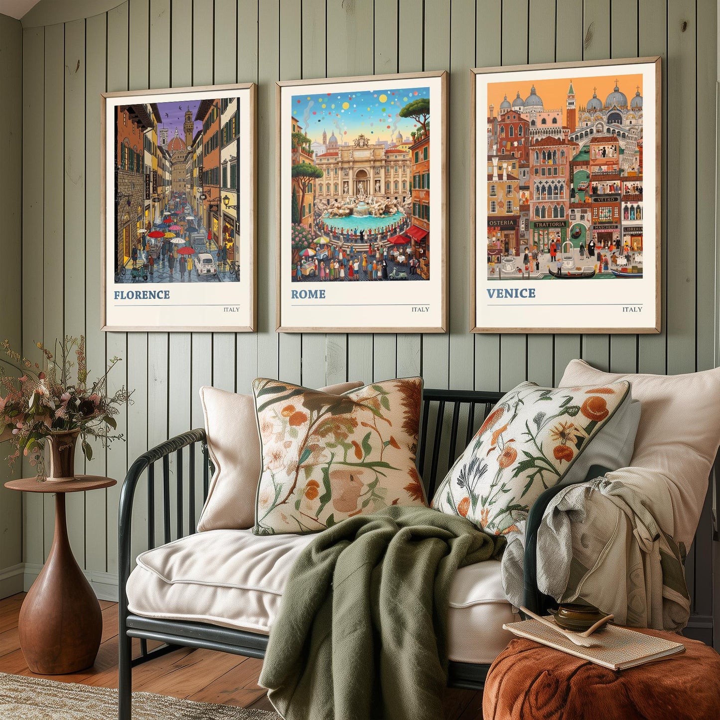 Italy Set of Three Art Prints - Florence, Rome, Venice - 3 Colourful Folk Illustration Travel Posters - Italian Cities Painting