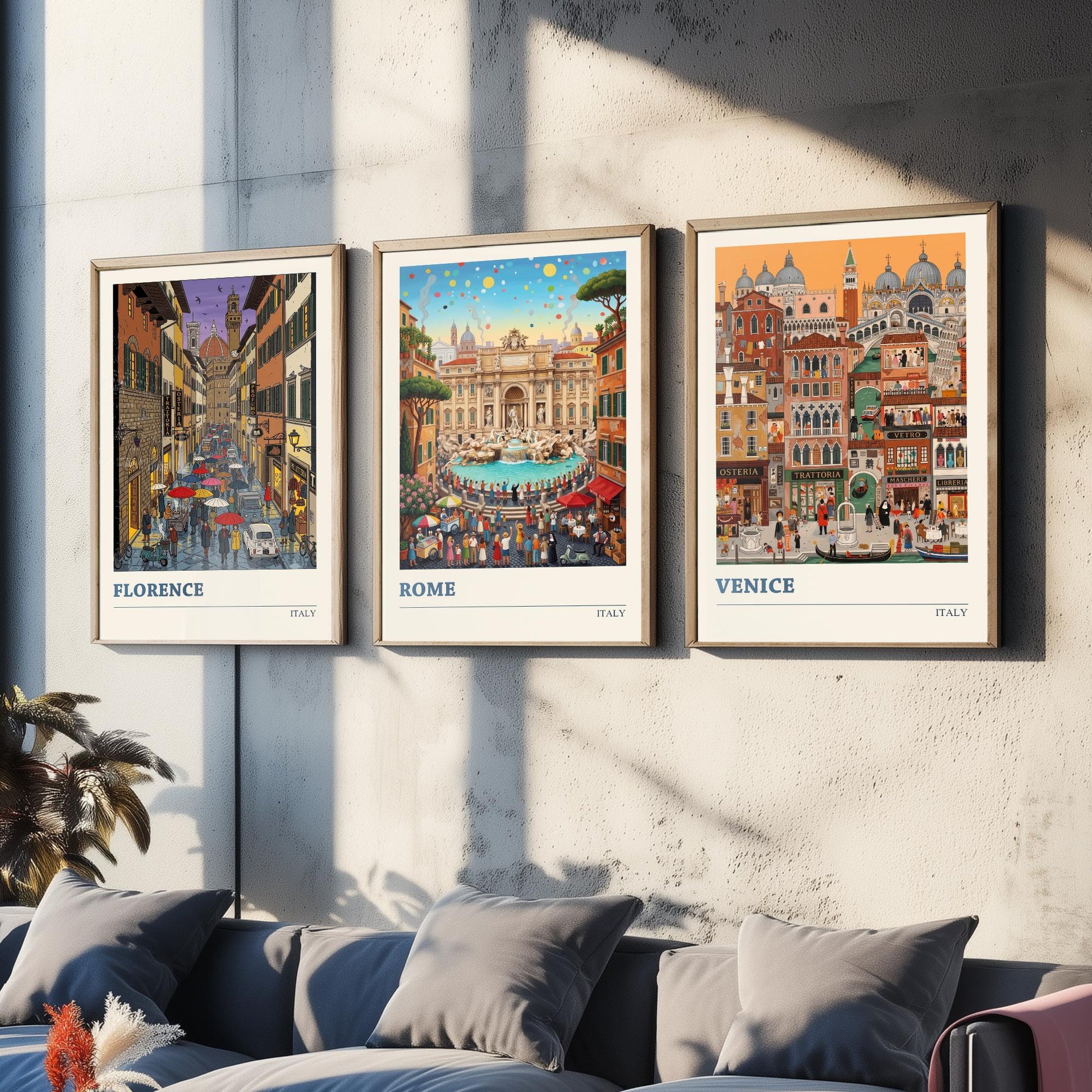 Italy Set of Three Art Prints - Florence, Rome, Venice - 3 Colourful Folk Illustration Travel Posters - Italian Cities Painting
