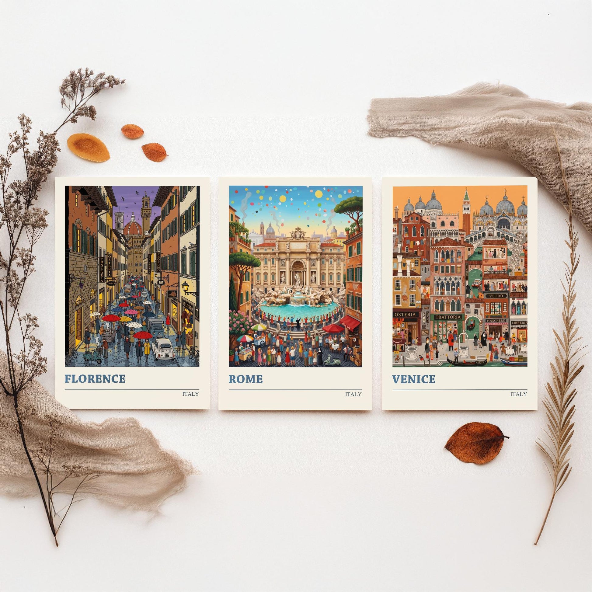 Italy Set of Three Art Prints - Florence, Rome, Venice - 3 Colourful Folk Illustration Travel Posters - Italian Cities Painting