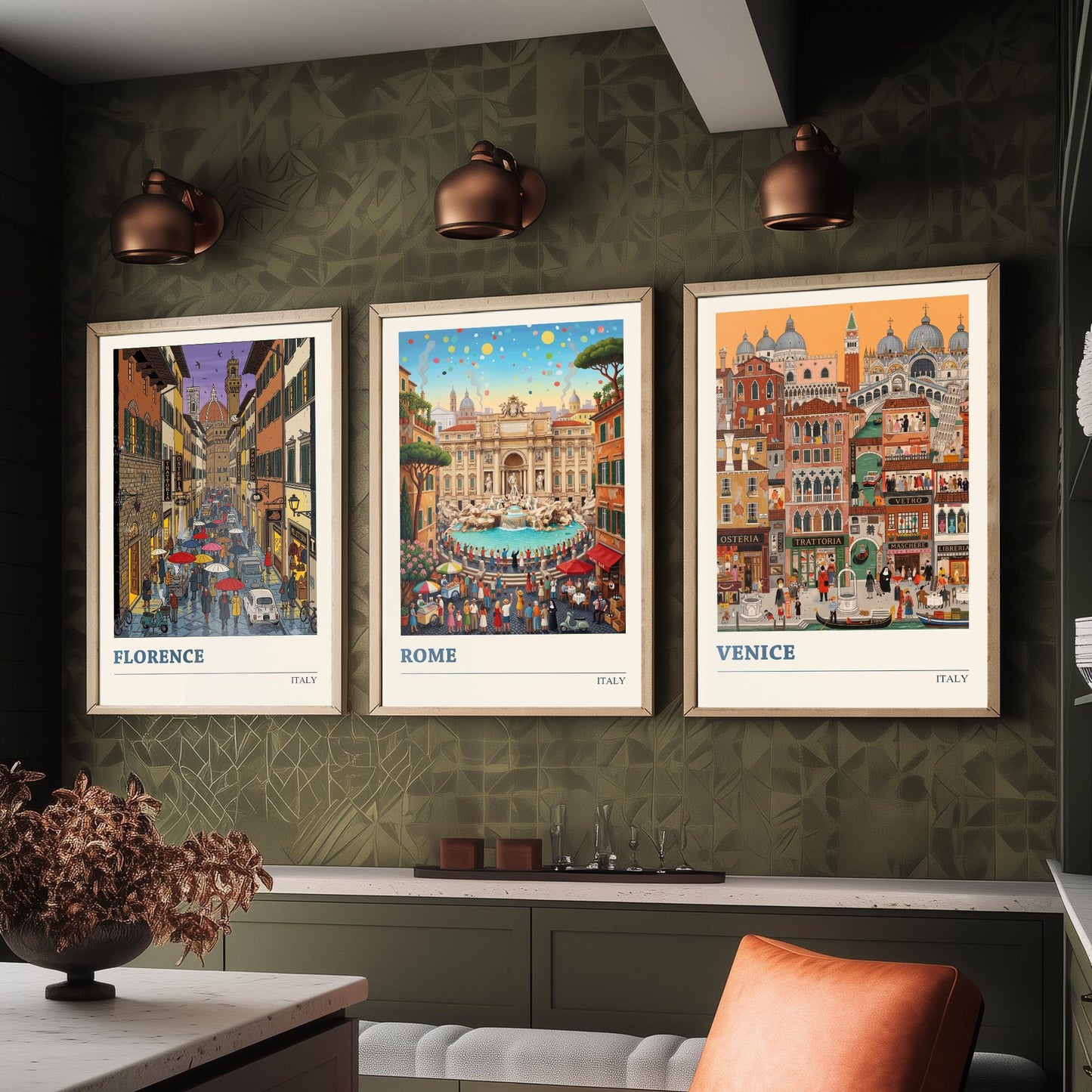 Italy Set of Three Art Prints - Florence, Rome, Venice - 3 Colourful Folk Illustration Travel Posters - Italian Cities Painting