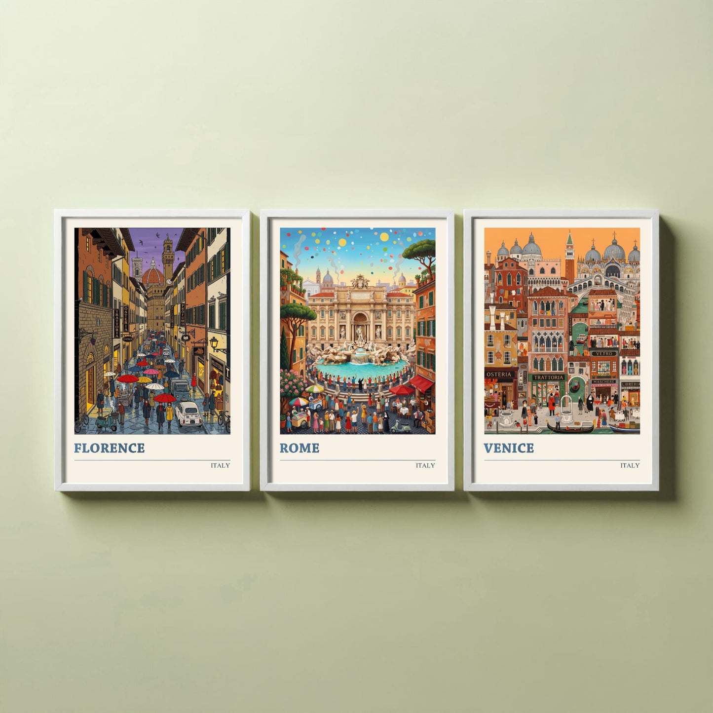 Italy Set of Three Art Prints - Florence, Rome, Venice - 3 Colourful Folk Illustration Travel Posters - Italian Cities Painting