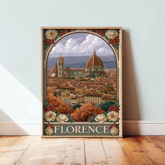 Florence Italy Travel Poster - Art Nouveau Illustration - Duomo Cathedral Art Print - Tuscany Rooftops 1/3