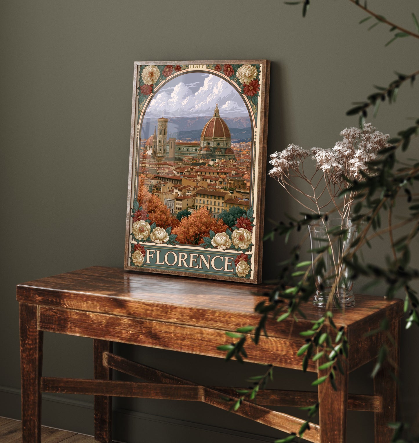 Florence Italy Travel Poster - Art Nouveau Illustration - Duomo Cathedral Art Print - Tuscany Rooftops 1/3