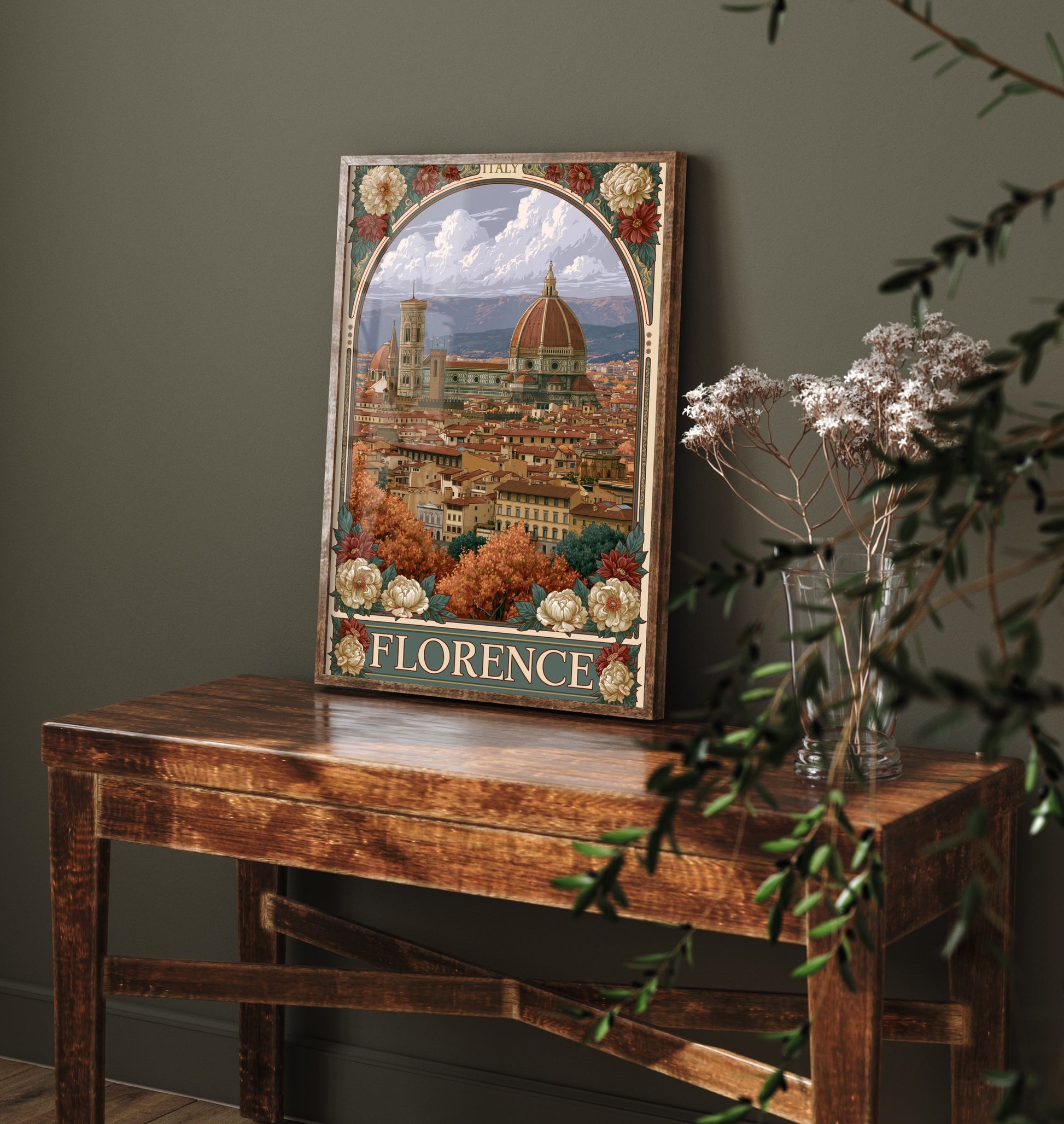 Florence Italy Travel Poster - Art Nouveau Illustration - Duomo Cathedral Art Print - Tuscany Rooftops 1/3