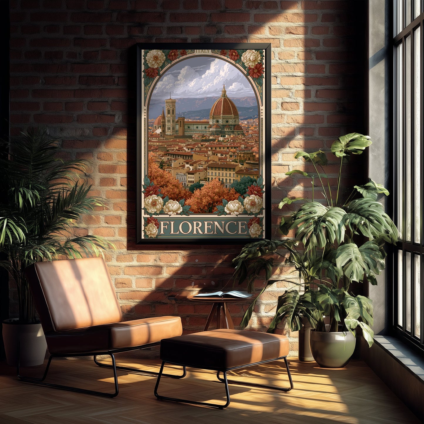 Florence Italy Travel Poster - Art Nouveau Illustration - Duomo Cathedral Art Print - Tuscany Rooftops 1/3