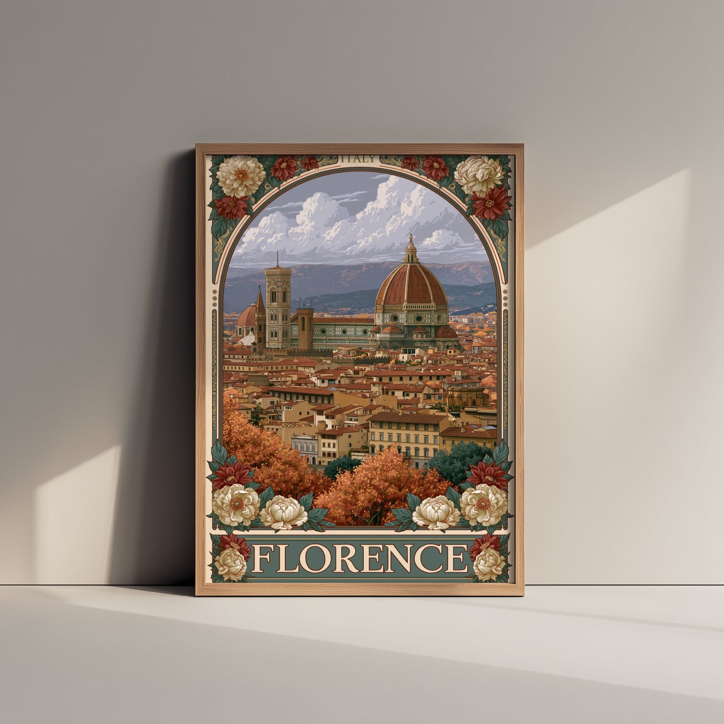 Florence Italy Travel Poster - Art Nouveau Illustration - Duomo Cathedral Art Print - Tuscany Rooftops 1/3