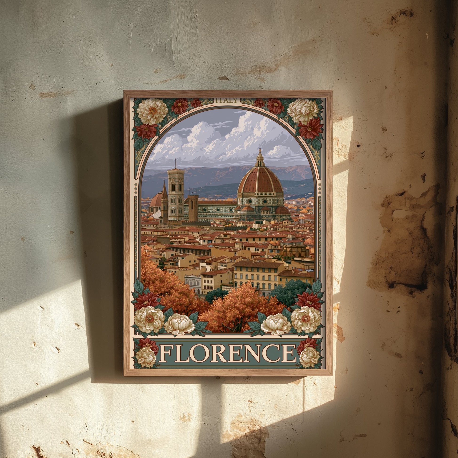 Florence Italy Travel Poster - Art Nouveau Illustration - Duomo Cathedral Art Print - Tuscany Rooftops 1/3
