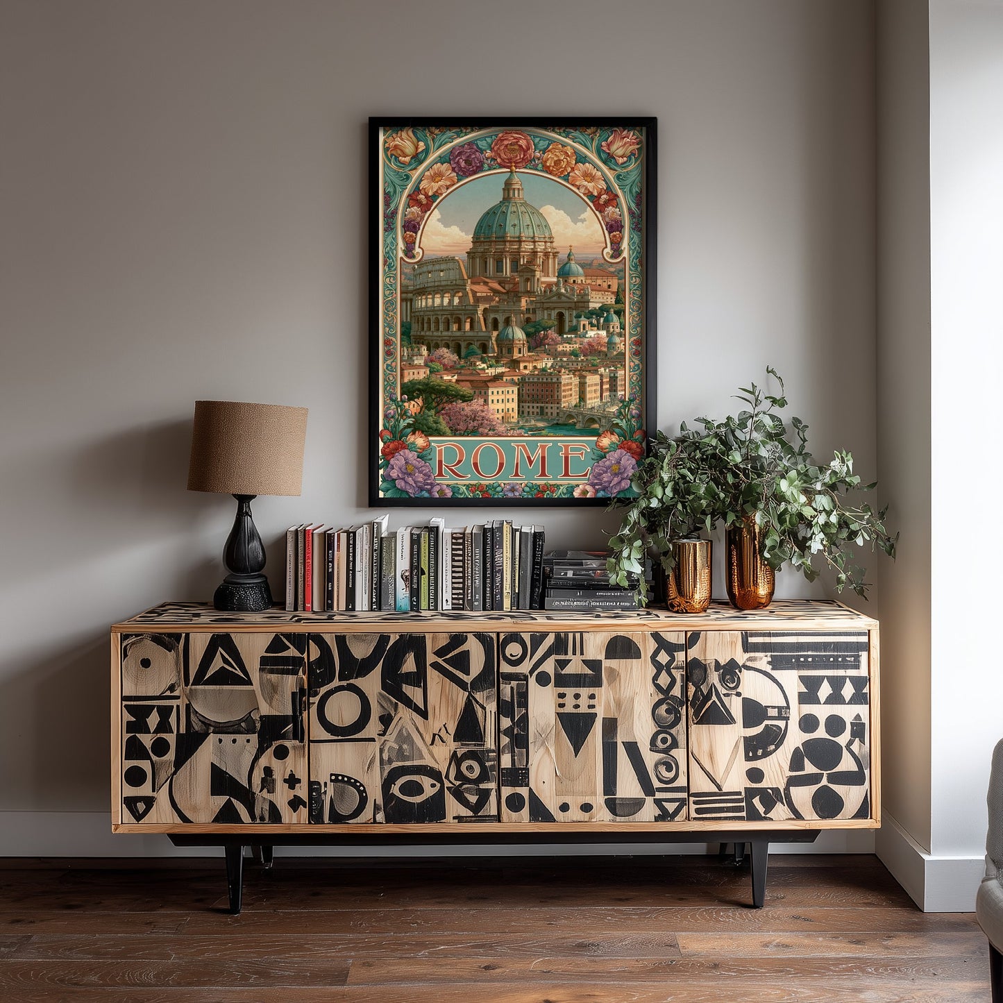 Rome Italy Travel Poster - St Peter's Dome Art Print - Art Nouveau Illustration - Colosseum Floral Visit 3/3