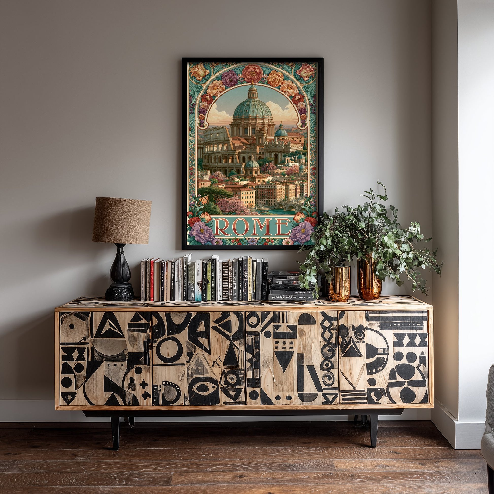 Rome Italy Travel Poster - St Peter's Dome Art Print - Art Nouveau Illustration - Colosseum Floral Visit 3/3