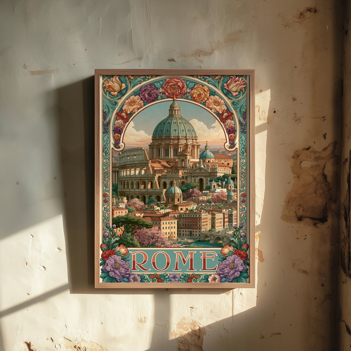Rome Italy Travel Poster - St Peter's Dome Art Print - Art Nouveau Illustration - Colosseum Floral Visit 3/3