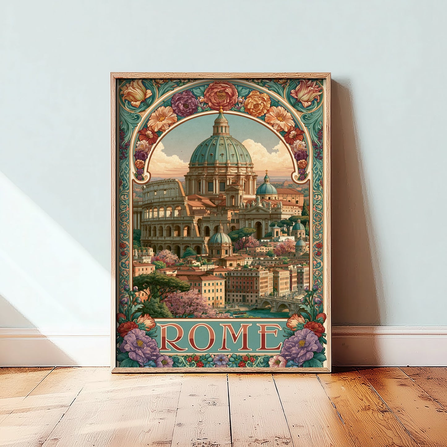 Rome Italy Travel Poster - St Peter's Dome Art Print - Art Nouveau Illustration - Colosseum Floral Visit 3/3