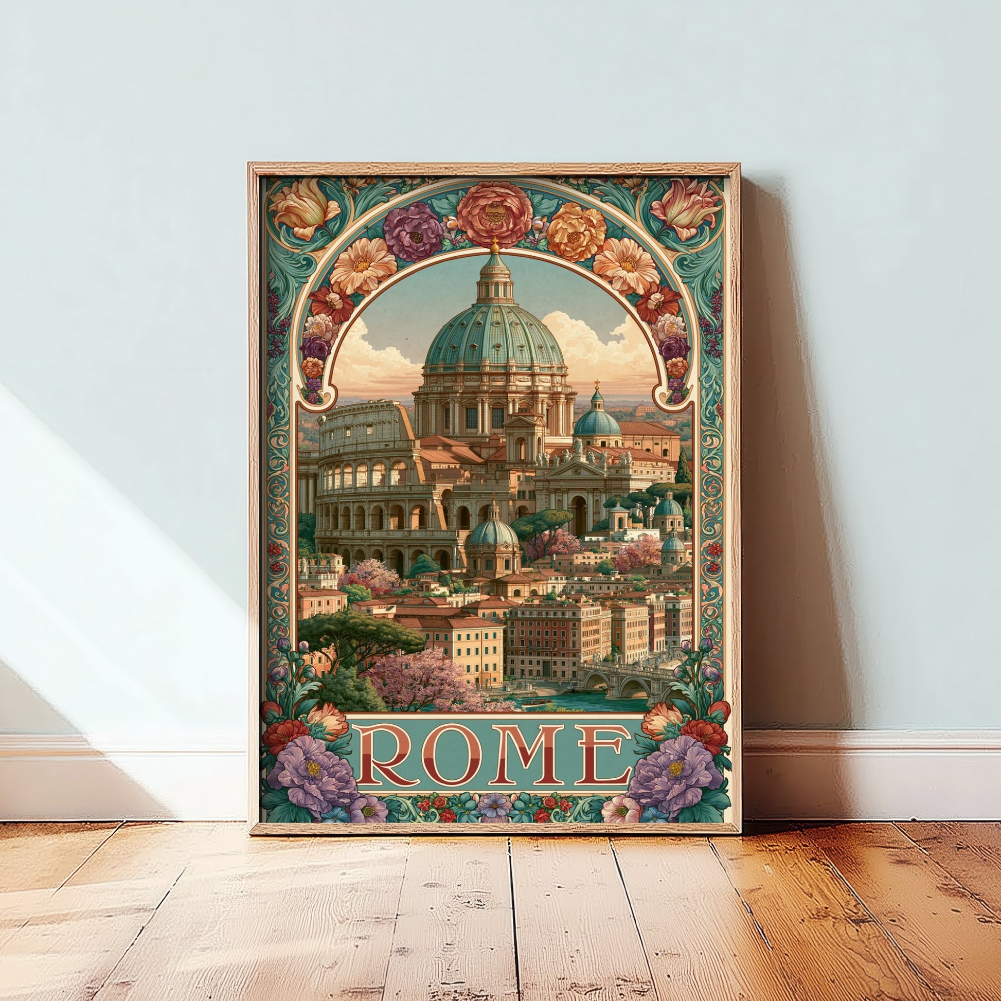 Rome Italy Travel Poster - St Peter's Dome Art Print - Art Nouveau Illustration - Colosseum Floral Visit 3/3