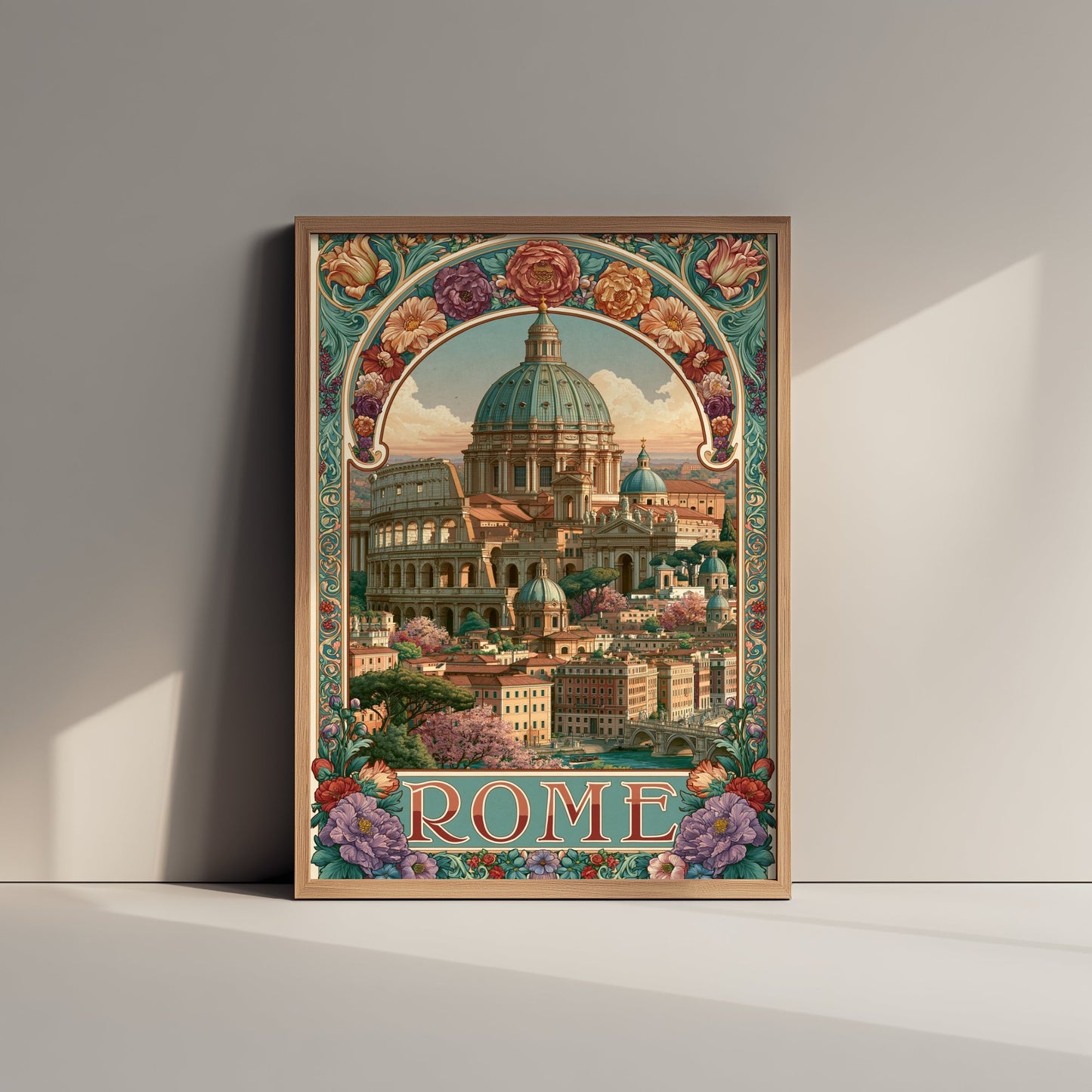 Rome Italy Travel Poster - St Peter's Dome Art Print - Art Nouveau Illustration - Colosseum Floral Visit 3/3