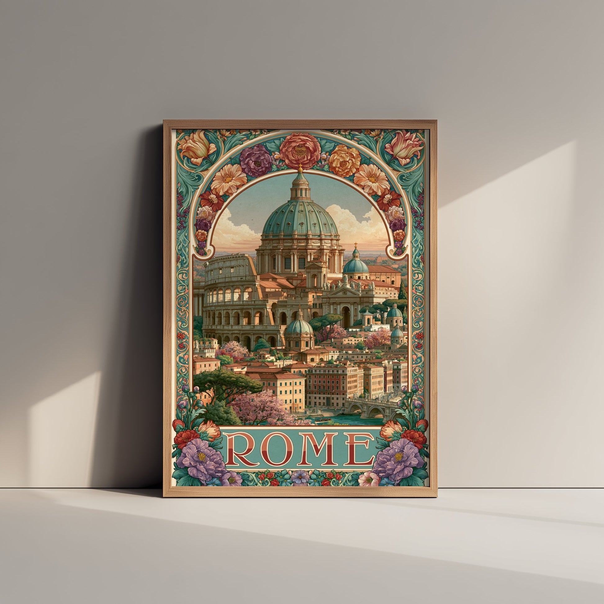 Rome Italy Travel Poster - St Peter's Dome Art Print - Art Nouveau Illustration - Colosseum Floral Visit 3/3