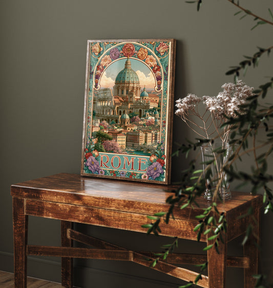 Rome Italy Travel Poster - St Peter's Dome Art Print - Art Nouveau Illustration - Colosseum Floral Visit 3/3