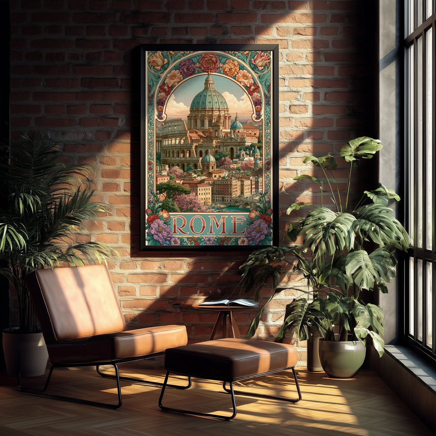 Rome Italy Travel Poster - St Peter's Dome Art Print - Art Nouveau Illustration - Colosseum Floral Visit 3/3