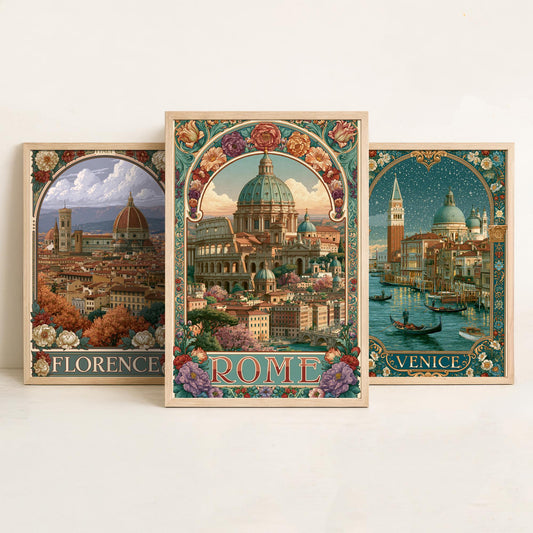 Italy Set of Three Art Nouveau Travel Posters - Florence, Venice, Rome - Vintage Italian Art Print Illustration Gift Decor