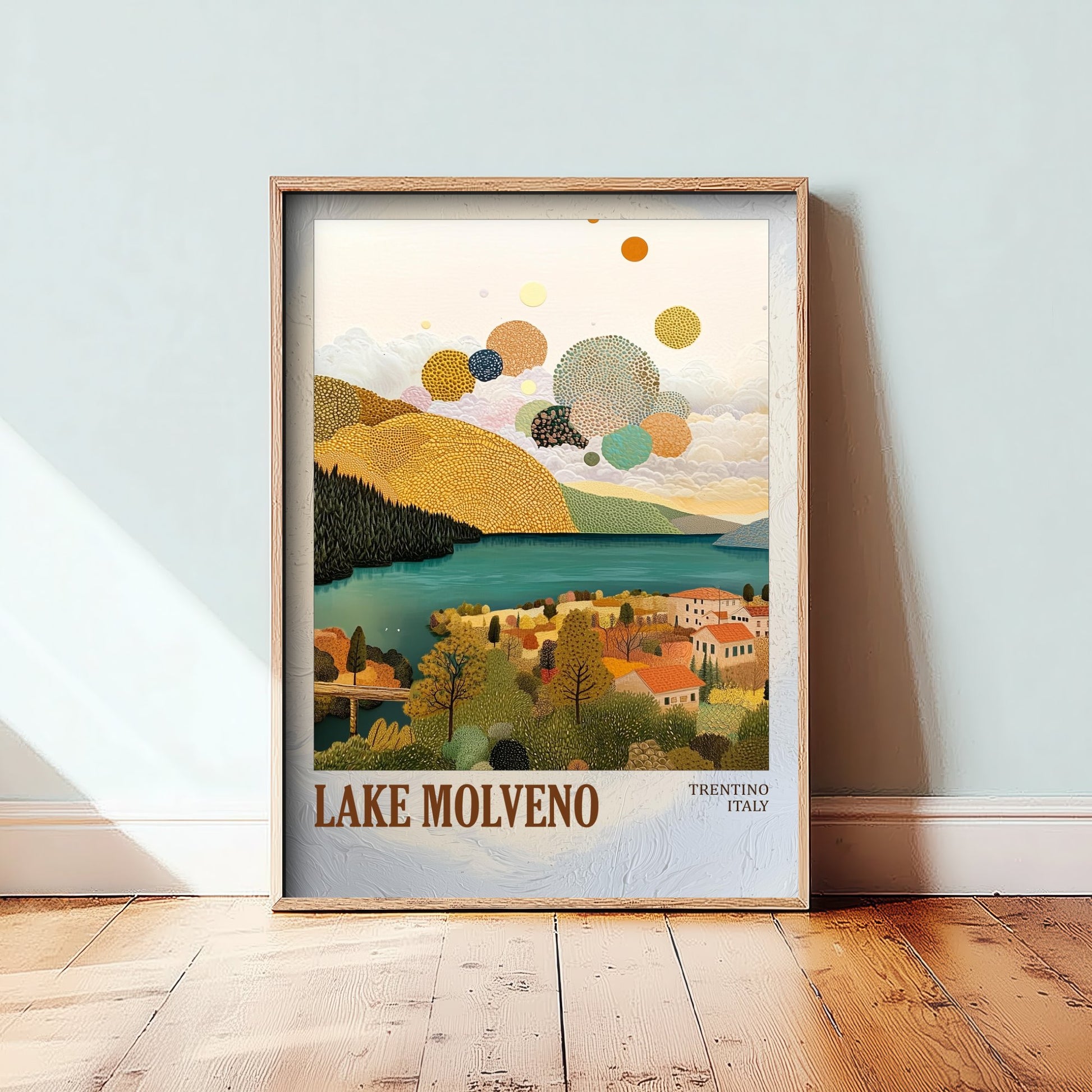 Lake Molveno Italy Travel Poster - Gold Foil Art Print - Geometric Landscape Illustration - Trentino 1/3