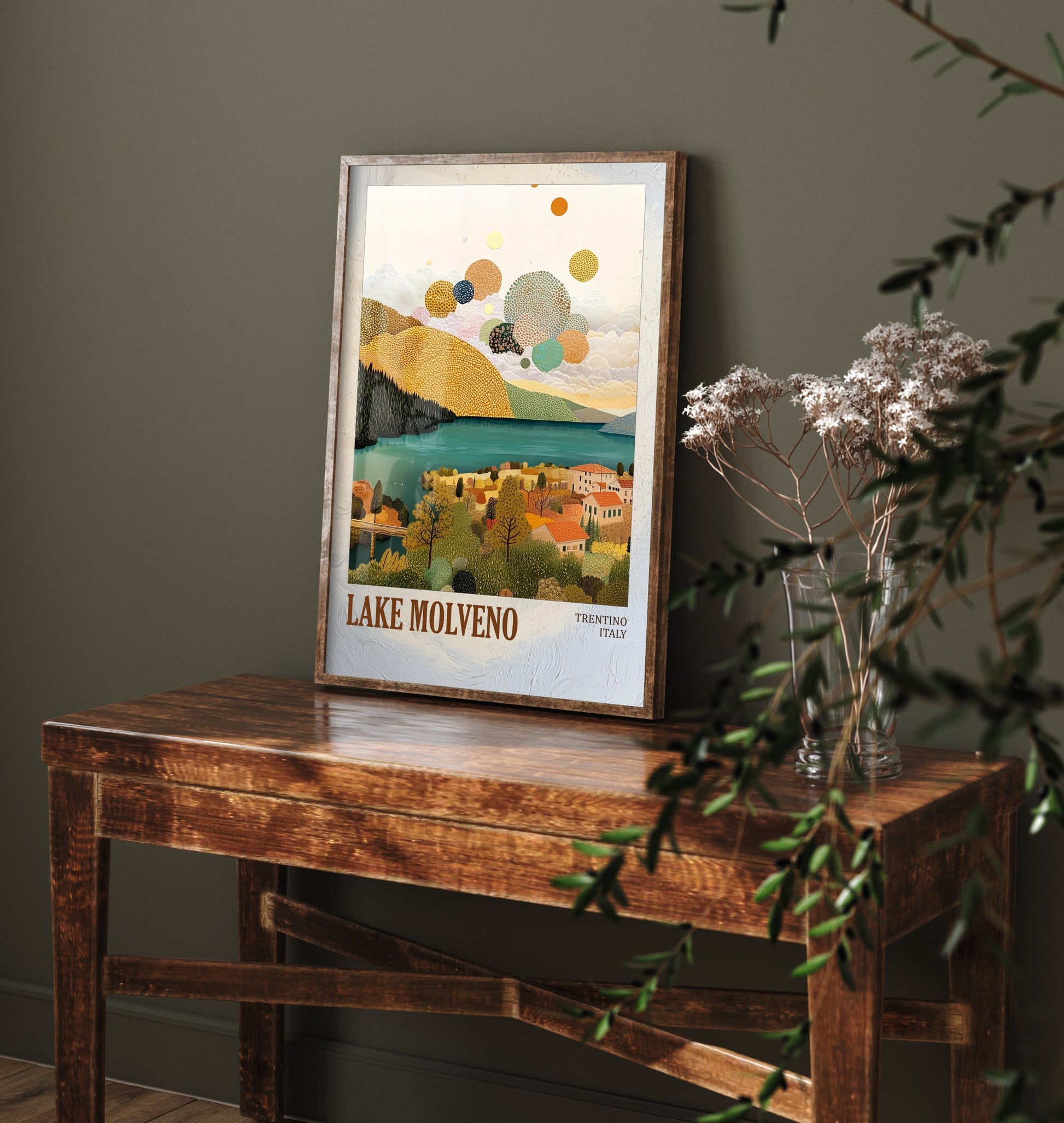 Lake Molveno Italy Travel Poster - Gold Foil Art Print - Geometric Landscape Illustration - Trentino 1/3