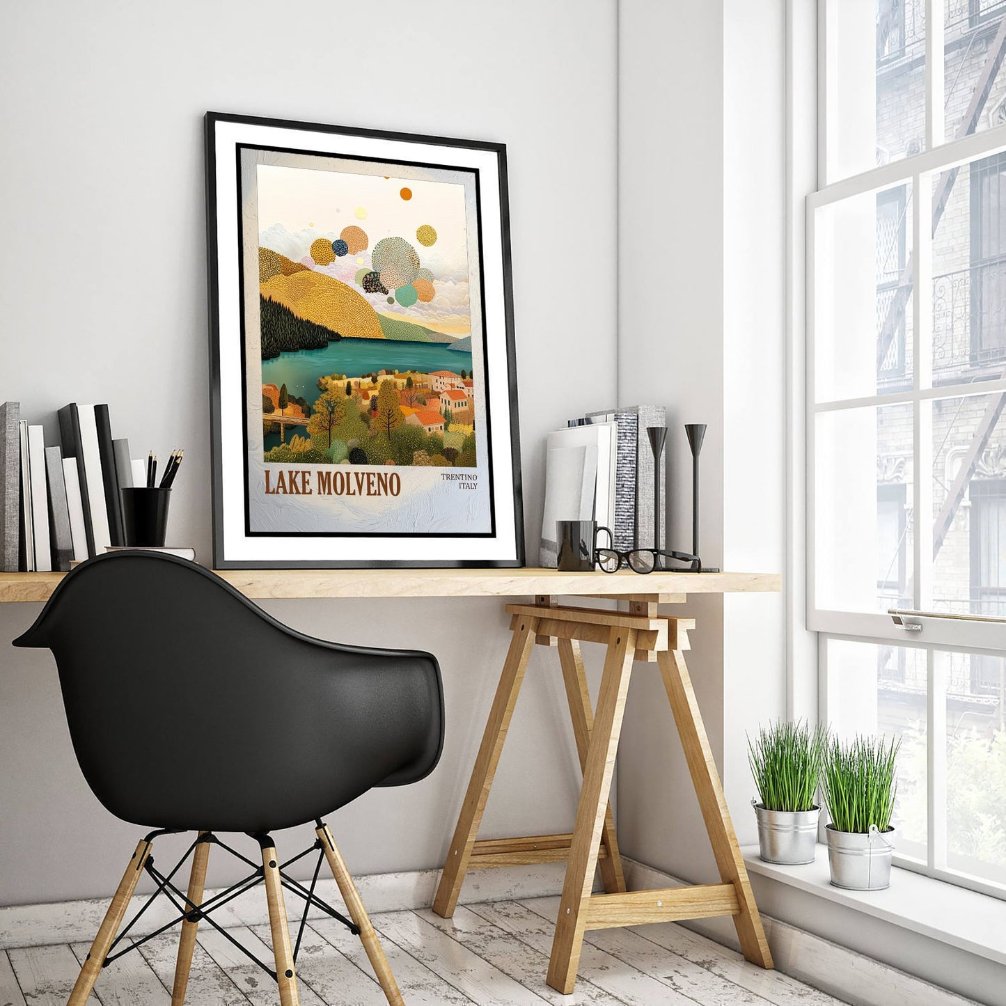 Lake Molveno Italy Travel Poster - Gold Foil Art Print - Geometric Landscape Illustration - Trentino 1/3