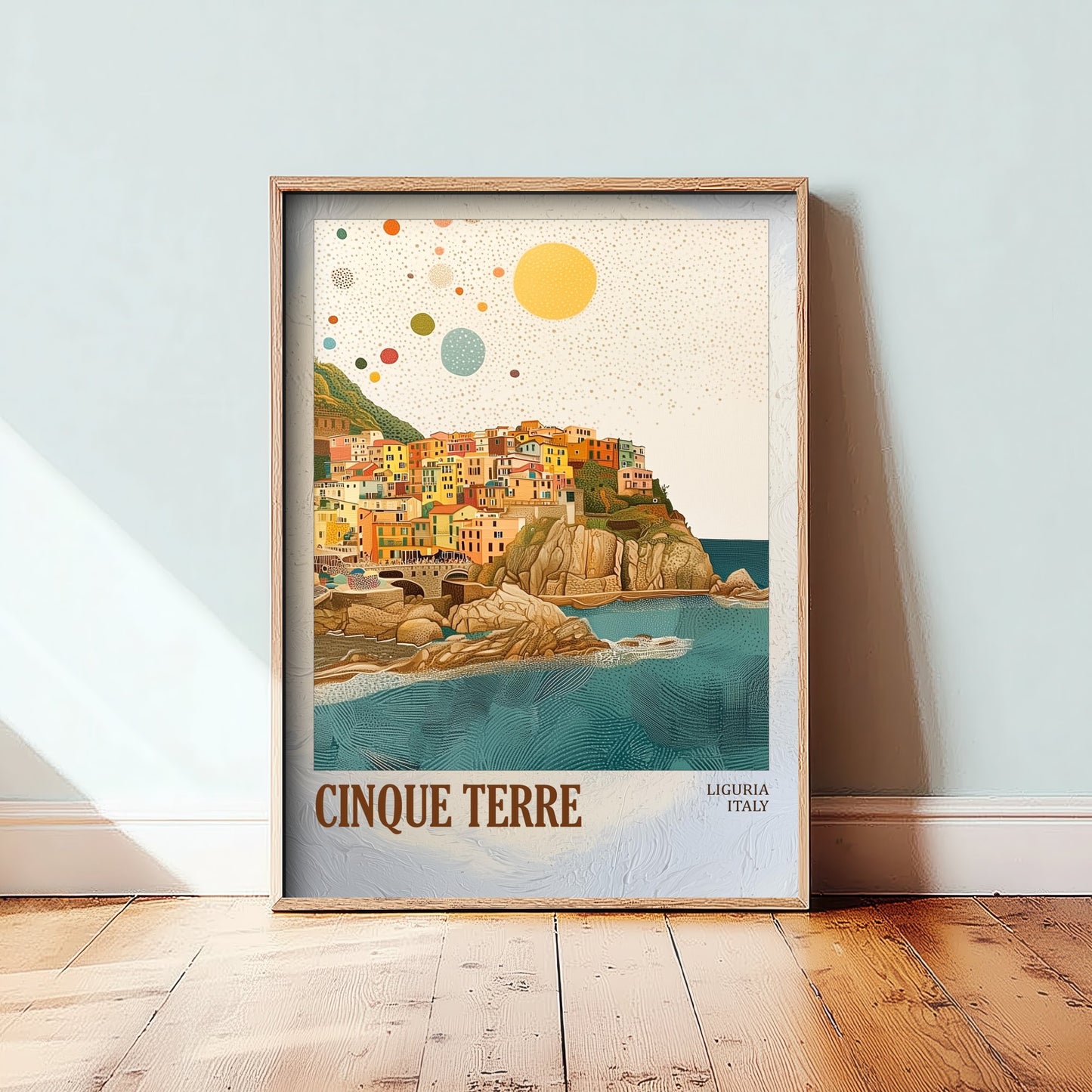 Cinque Terre Italy Travel Poster - Gold Foil Art Print - Geometric Coastal Illustration - Liguria 2/3