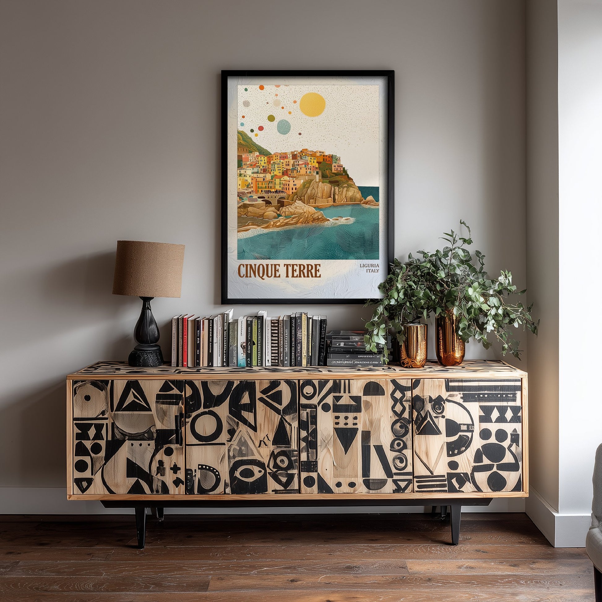 Cinque Terre Italy Travel Poster - Gold Foil Art Print - Geometric Coastal Illustration - Liguria 2/3