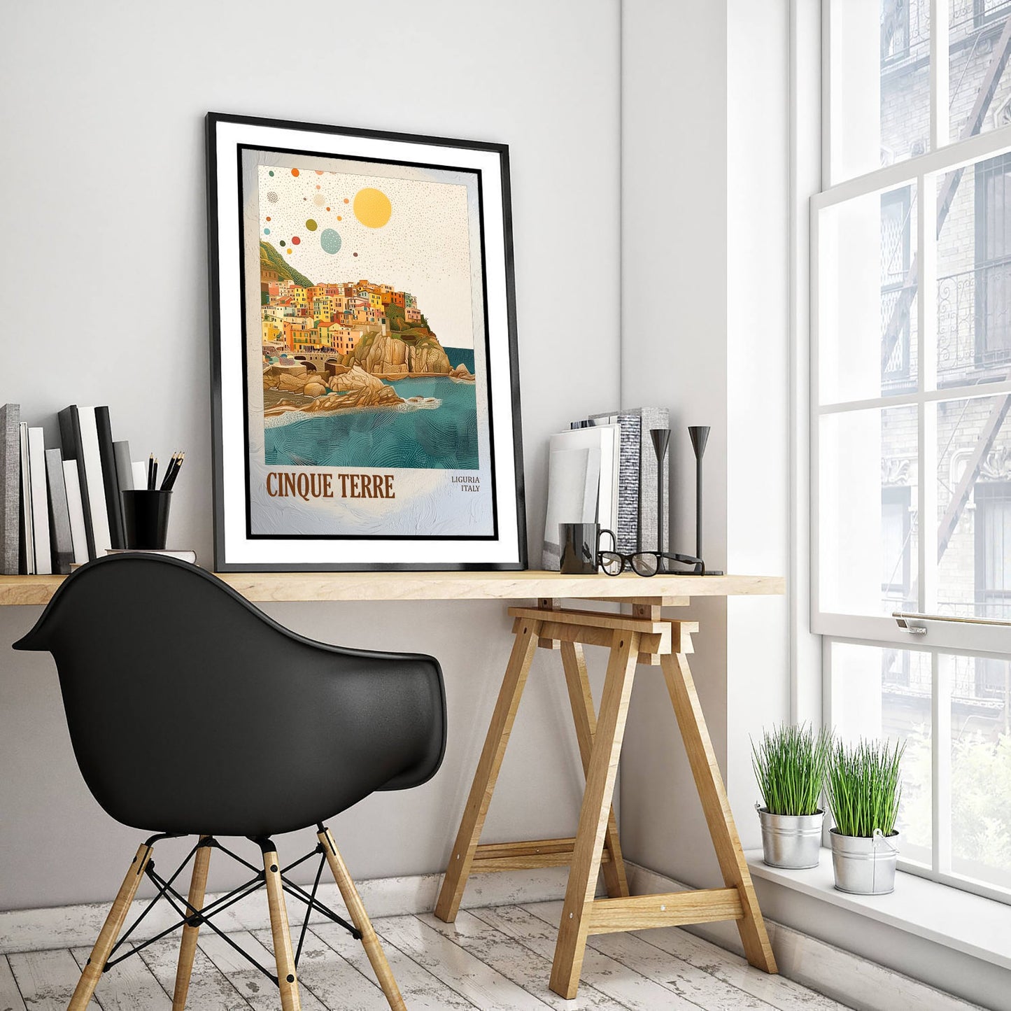 Cinque Terre Italy Travel Poster - Gold Foil Art Print - Geometric Coastal Illustration - Liguria 2/3