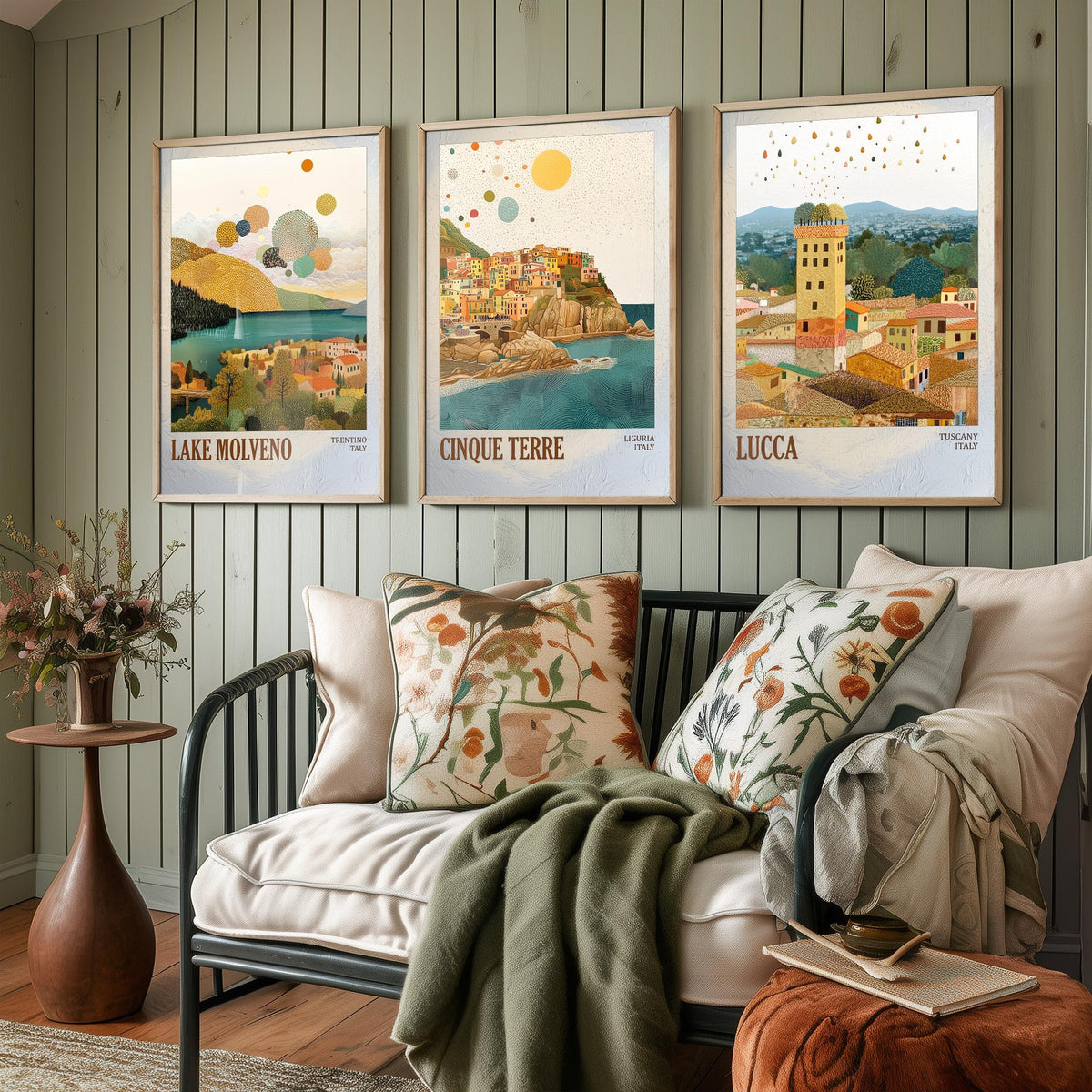 Italy Set of Three Prints - Lake Molveno Cinque Terre Lucca - 3 Mosaic Travel Posters - Italian Wall Art Gift Painting Tuscany Decor Map