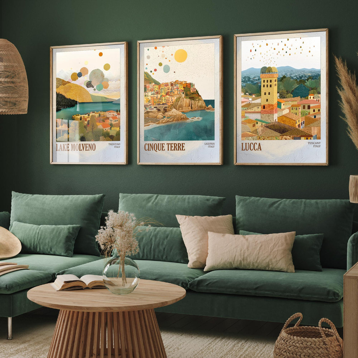Italy Set of Three Prints - Lake Molveno Cinque Terre Lucca - 3 Mosaic Travel Posters - Italian Wall Art Gift Painting Tuscany Decor Map