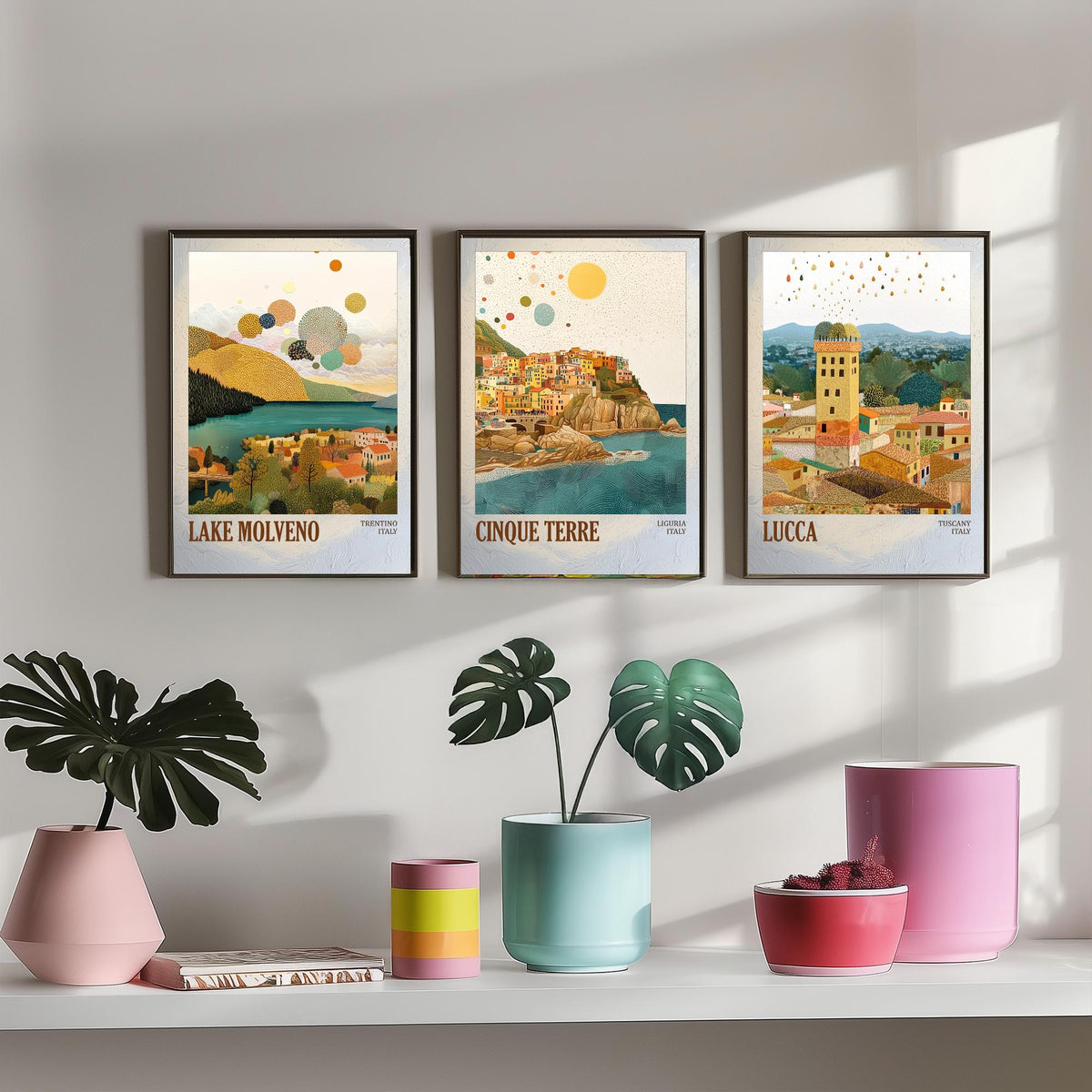 Italy Set of Three Prints - Lake Molveno Cinque Terre Lucca - 3 Mosaic Travel Posters - Italian Wall Art Gift Painting Tuscany Decor Map
