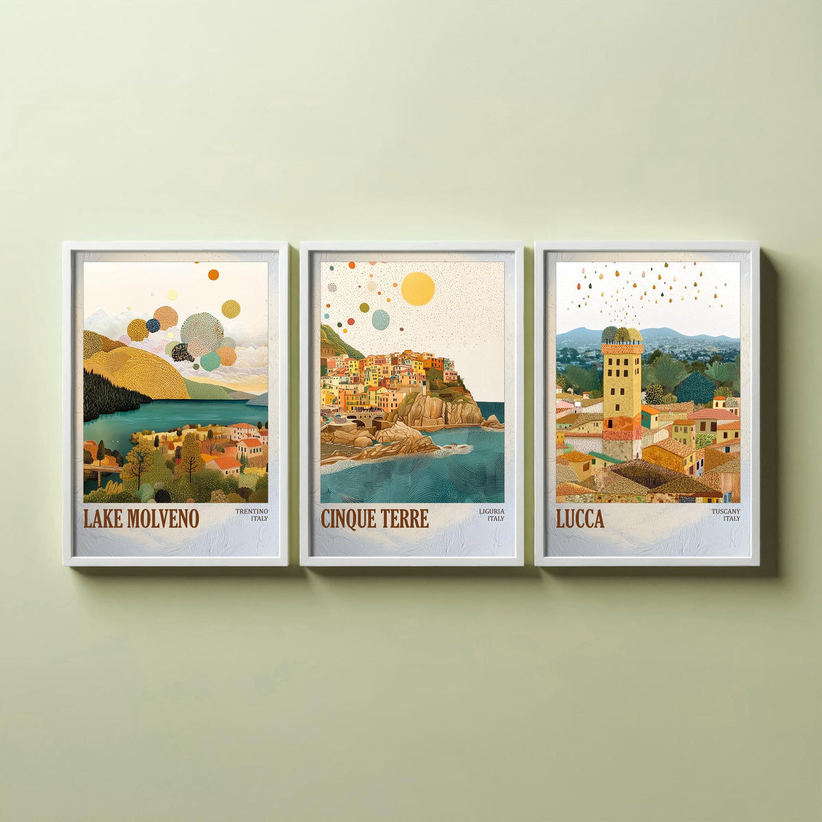 Italy Set of Three Prints - Lake Molveno Cinque Terre Lucca - 3 Mosaic Travel Posters - Italian Wall Art Gift Painting Tuscany Decor Map