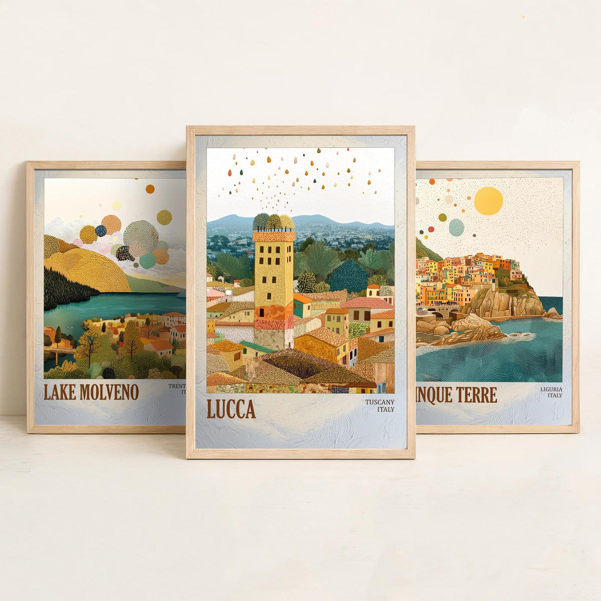 Italy Set of Three Prints - Lake Molveno Cinque Terre Lucca - 3 Mosaic Travel Posters - Italian Wall Art Gift Painting Tuscany Decor Map
