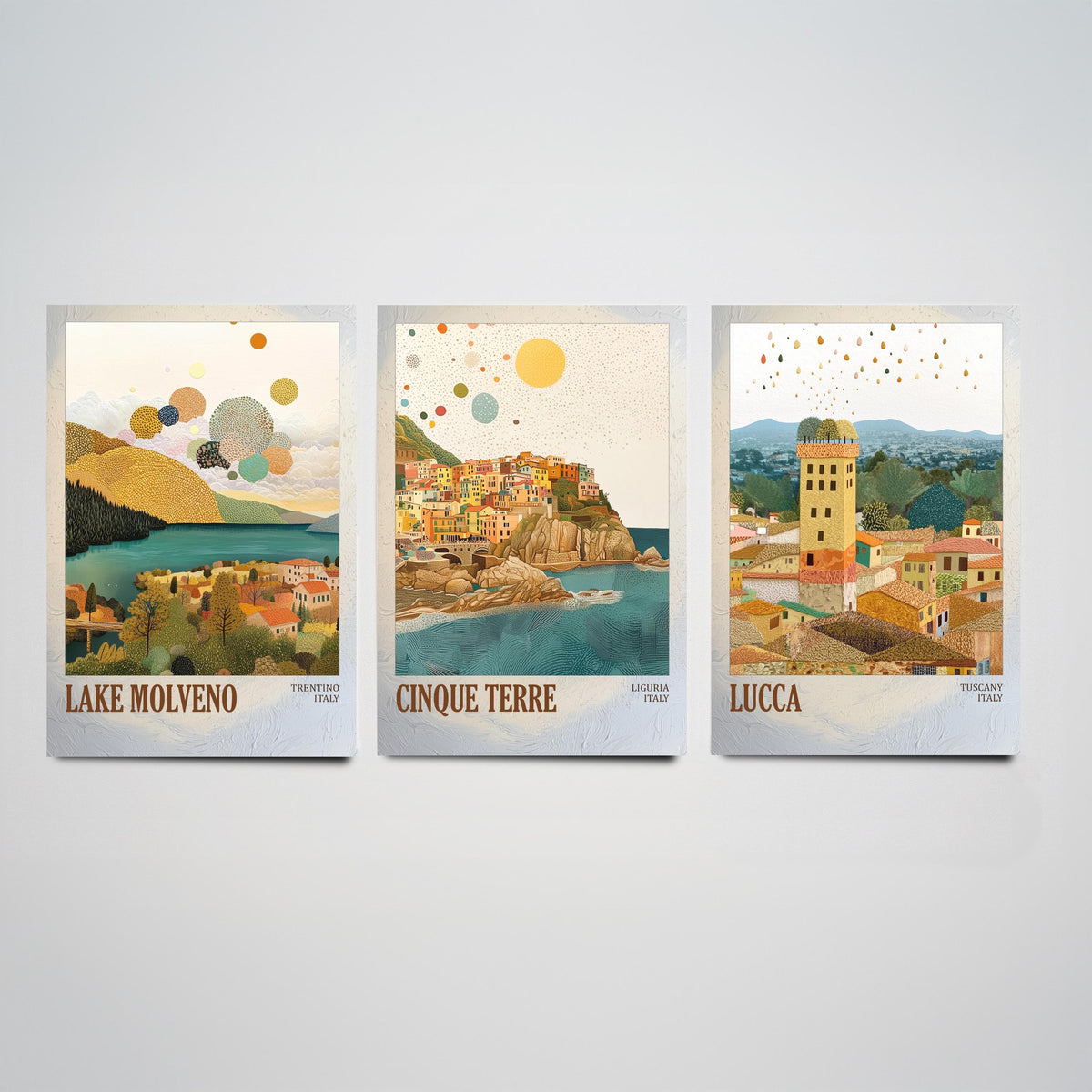 Italy Set of Three Prints - Lake Molveno Cinque Terre Lucca - 3 Mosaic Travel Posters - Italian Wall Art Gift Painting Tuscany Decor Map