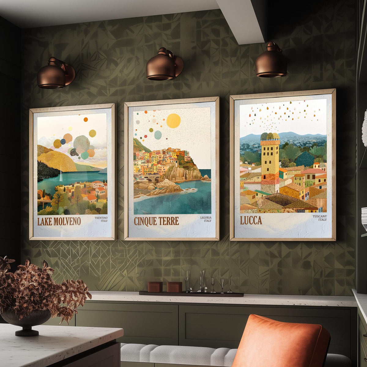 Italy Set of Three Prints - Lake Molveno Cinque Terre Lucca - 3 Mosaic Travel Posters - Italian Wall Art Gift Painting Tuscany Decor Map
