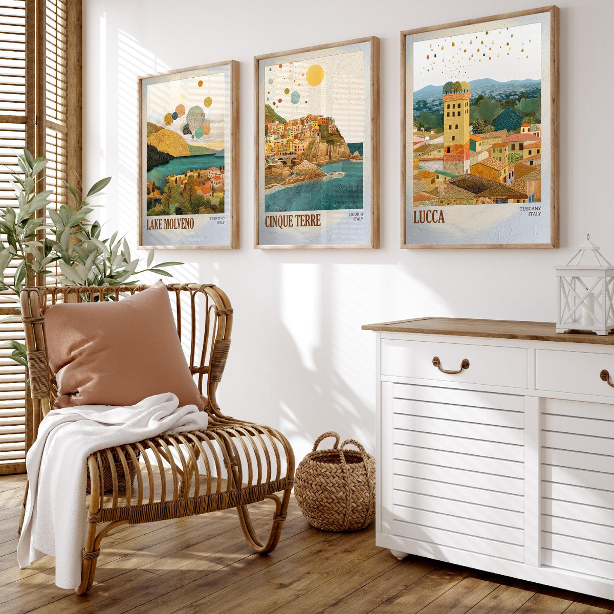 Italy Set of Three Prints - Lake Molveno Cinque Terre Lucca - 3 Mosaic Travel Posters - Italian Wall Art Gift Painting Tuscany Decor Map