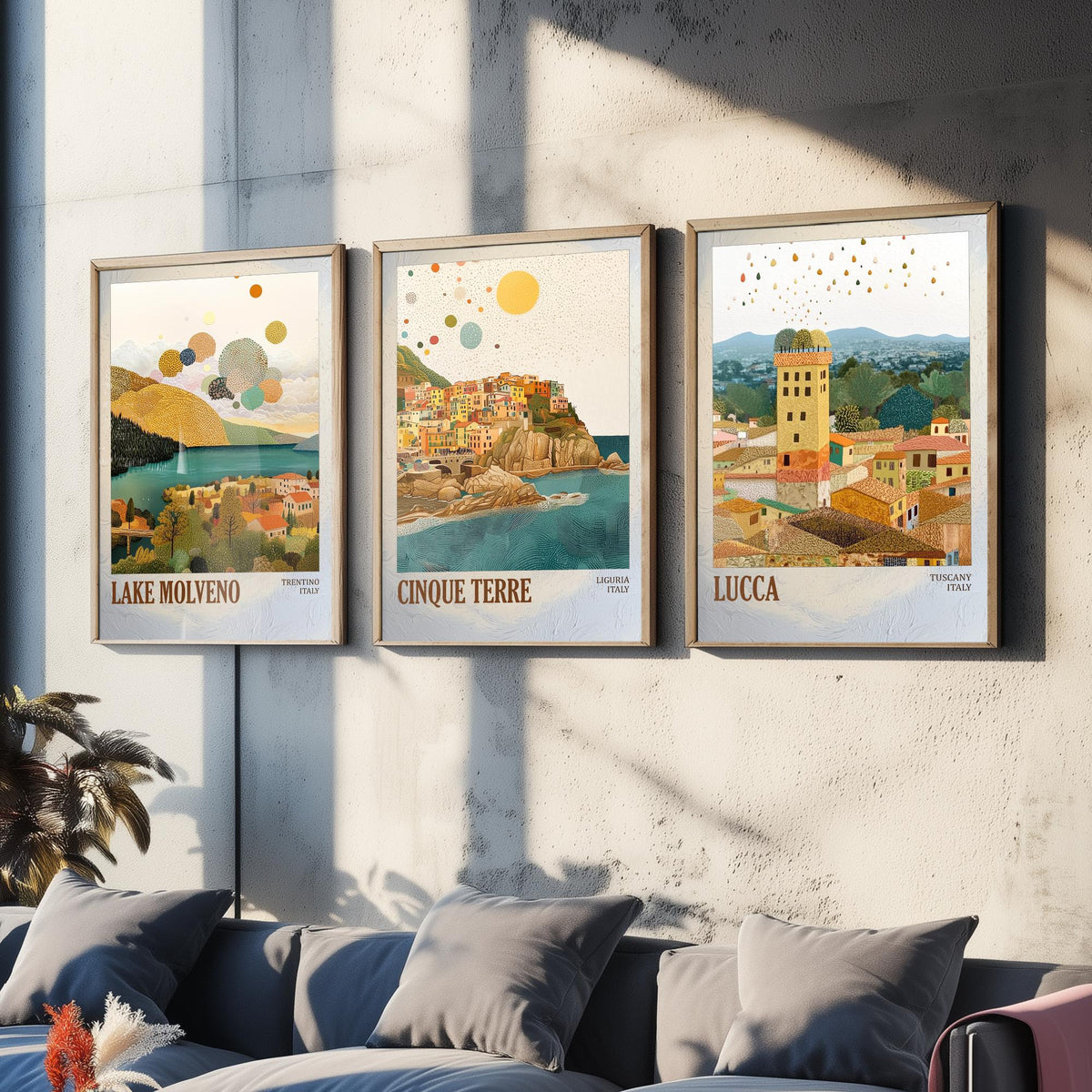 Italy Set of Three Prints - Lake Molveno Cinque Terre Lucca - 3 Mosaic Travel Posters - Italian Wall Art Gift Painting Tuscany Decor Map