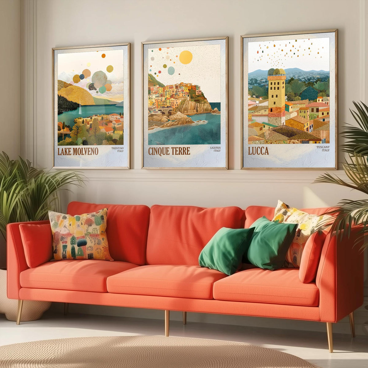 Italy Set of Three Prints - Lake Molveno Cinque Terre Lucca - 3 Mosaic Travel Posters - Italian Wall Art Gift Painting Tuscany Decor Map