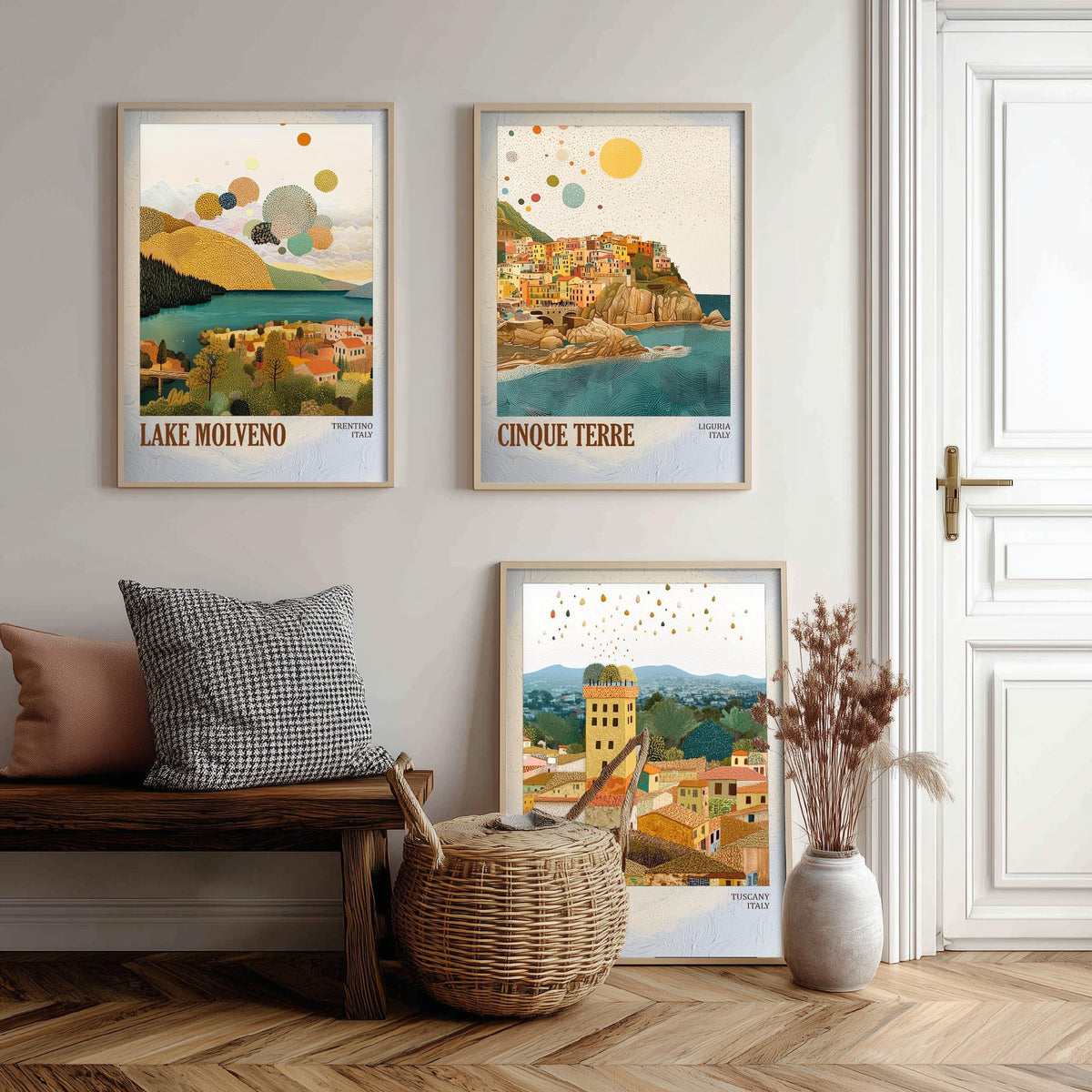 Italy Set of Three Prints - Lake Molveno Cinque Terre Lucca - 3 Mosaic Travel Posters - Italian Wall Art Gift Painting Tuscany Decor Map
