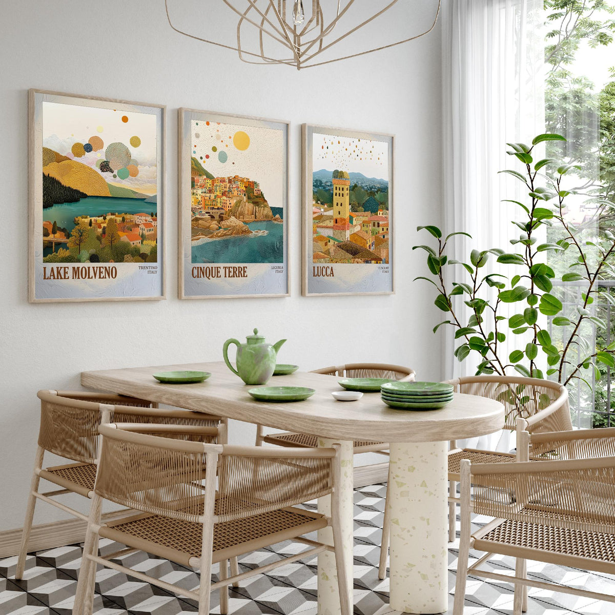 Italy Set of Three Prints - Lake Molveno Cinque Terre Lucca - 3 Mosaic Travel Posters - Italian Wall Art Gift Painting Tuscany Decor Map