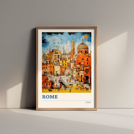 Rome Italy Travel Poster - Folk Art Print - Domes & Rooftops Illustration - Naive Italian Cityscape 1/3