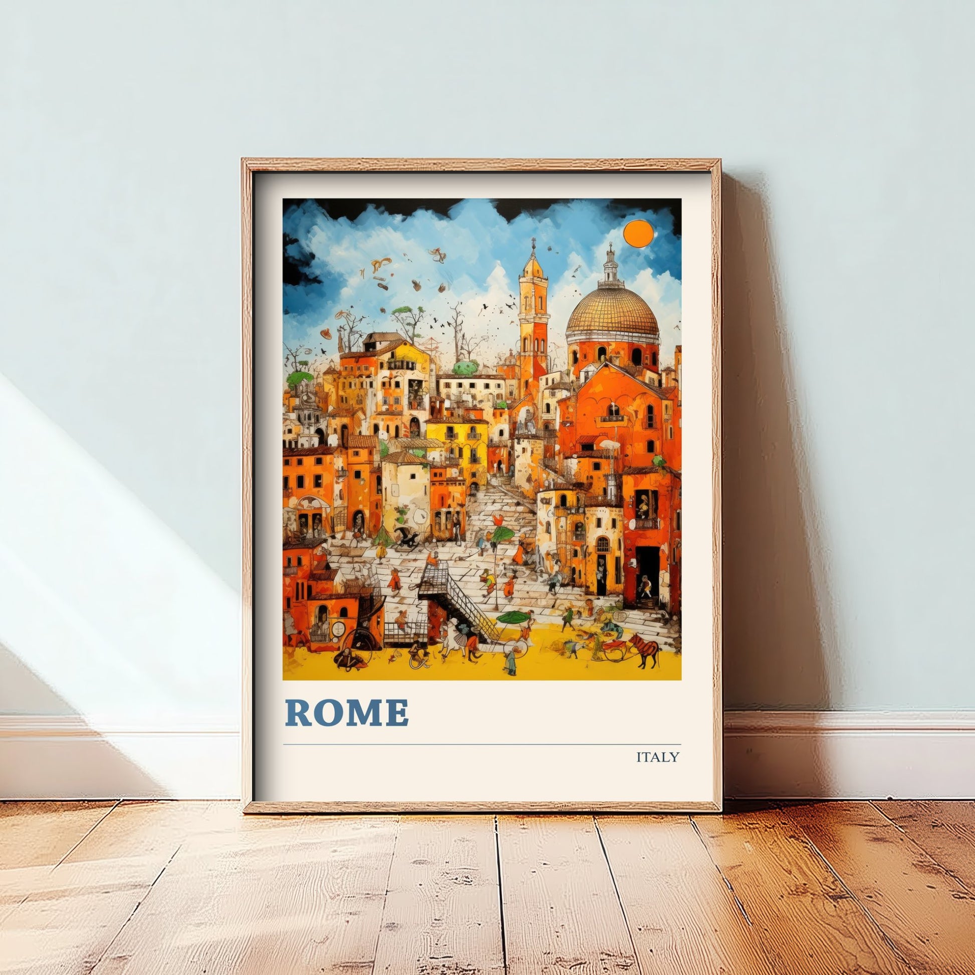 Rome Italy Travel Poster - Folk Art Print - Domes & Rooftops Illustration - Naive Italian Cityscape 1/3