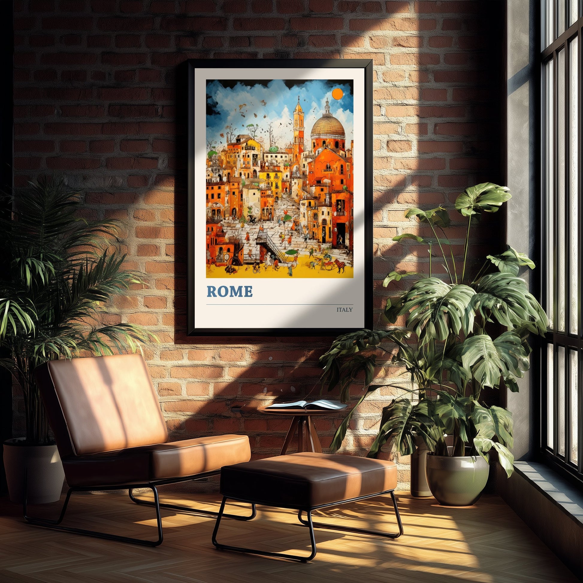 Rome Italy Travel Poster - Folk Art Print - Domes & Rooftops Illustration - Naive Italian Cityscape 1/3