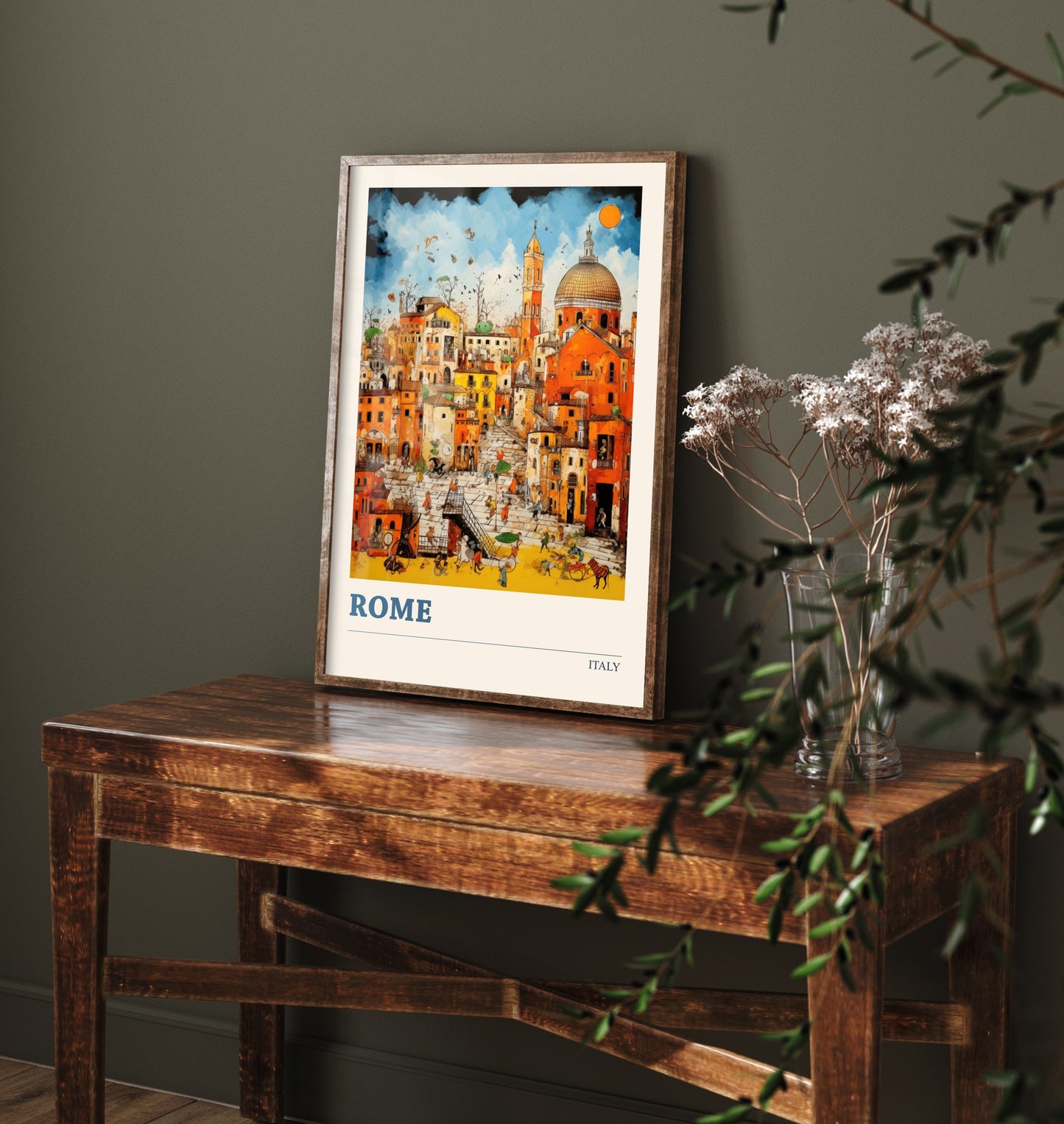 Rome Italy Travel Poster - Folk Art Print - Domes & Rooftops Illustration - Naive Italian Cityscape 1/3