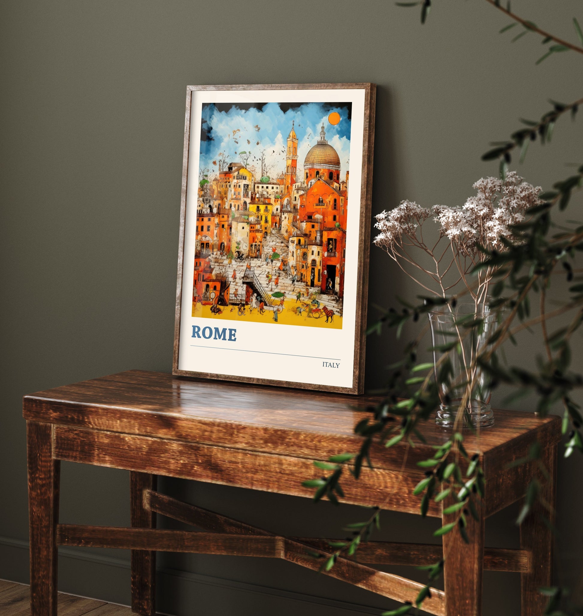 Rome Italy Travel Poster - Folk Art Print - Domes & Rooftops Illustration - Naive Italian Cityscape 1/3