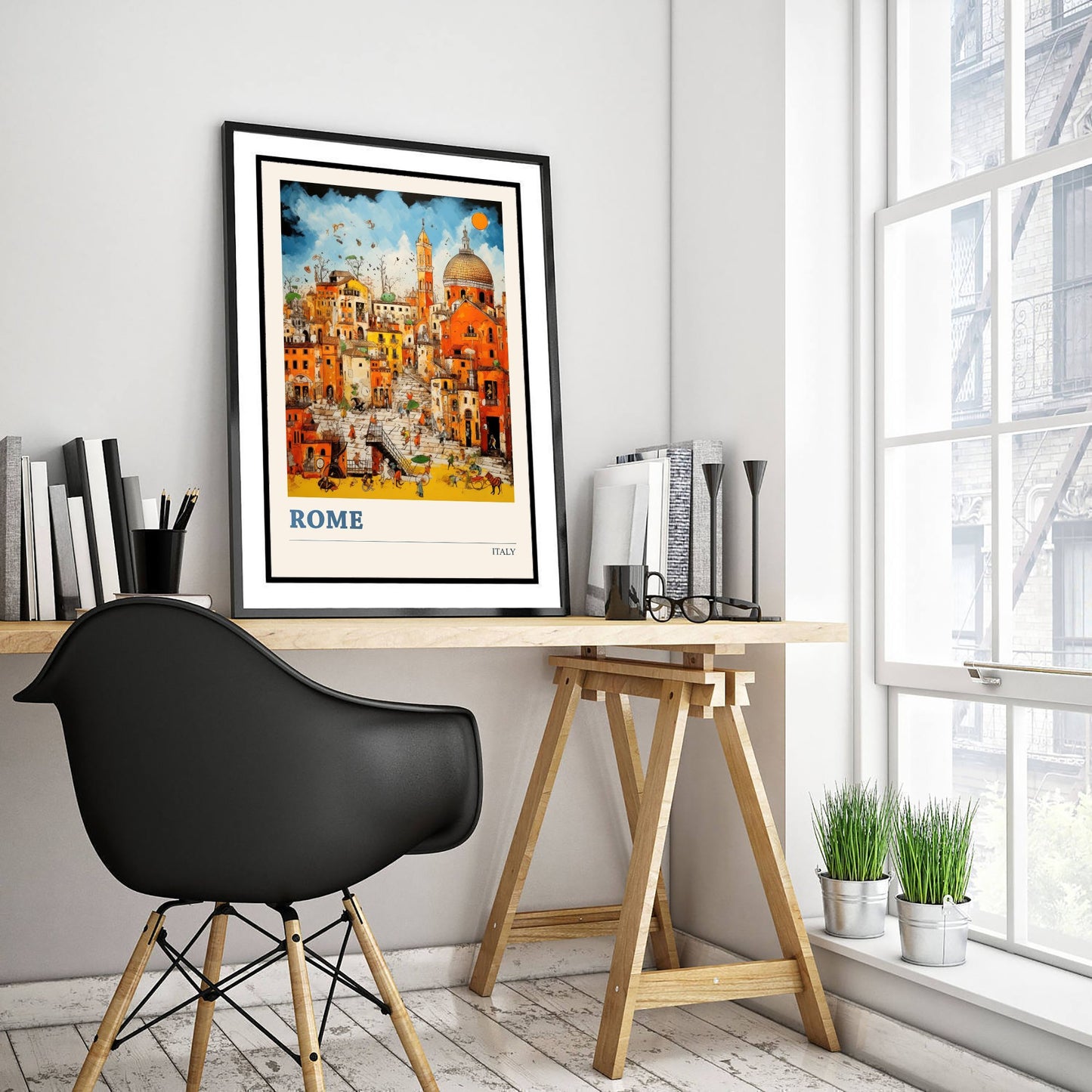 Rome Italy Travel Poster - Folk Art Print - Domes & Rooftops Illustration - Naive Italian Cityscape 1/3