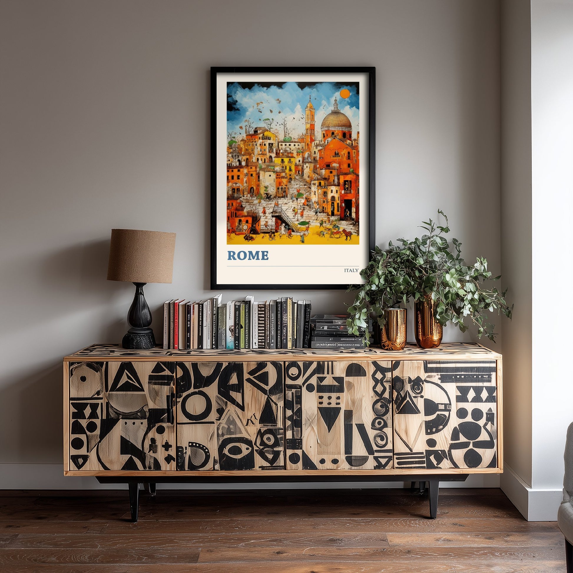 Rome Italy Travel Poster - Folk Art Print - Domes & Rooftops Illustration - Naive Italian Cityscape 1/3